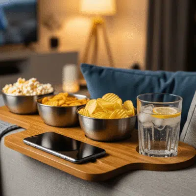 Couchbar din lemn cu 3 boluri inox și suport pentru băuturi