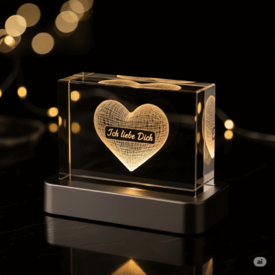 Cristal 3D Inimă cu Gravură Personalizată și LED