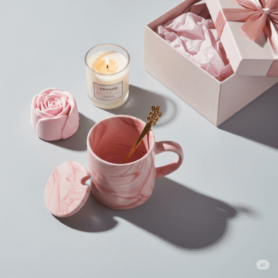 Set cadou cană roz 340 ml cu lumânare și bile efervescente